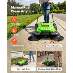 VEVOR Walk-Behind Hand Push Floor Sweeper, Manual Floor Sweeper Non-Electric with 25.6" Sweeping Width, 5 Gallons Waste