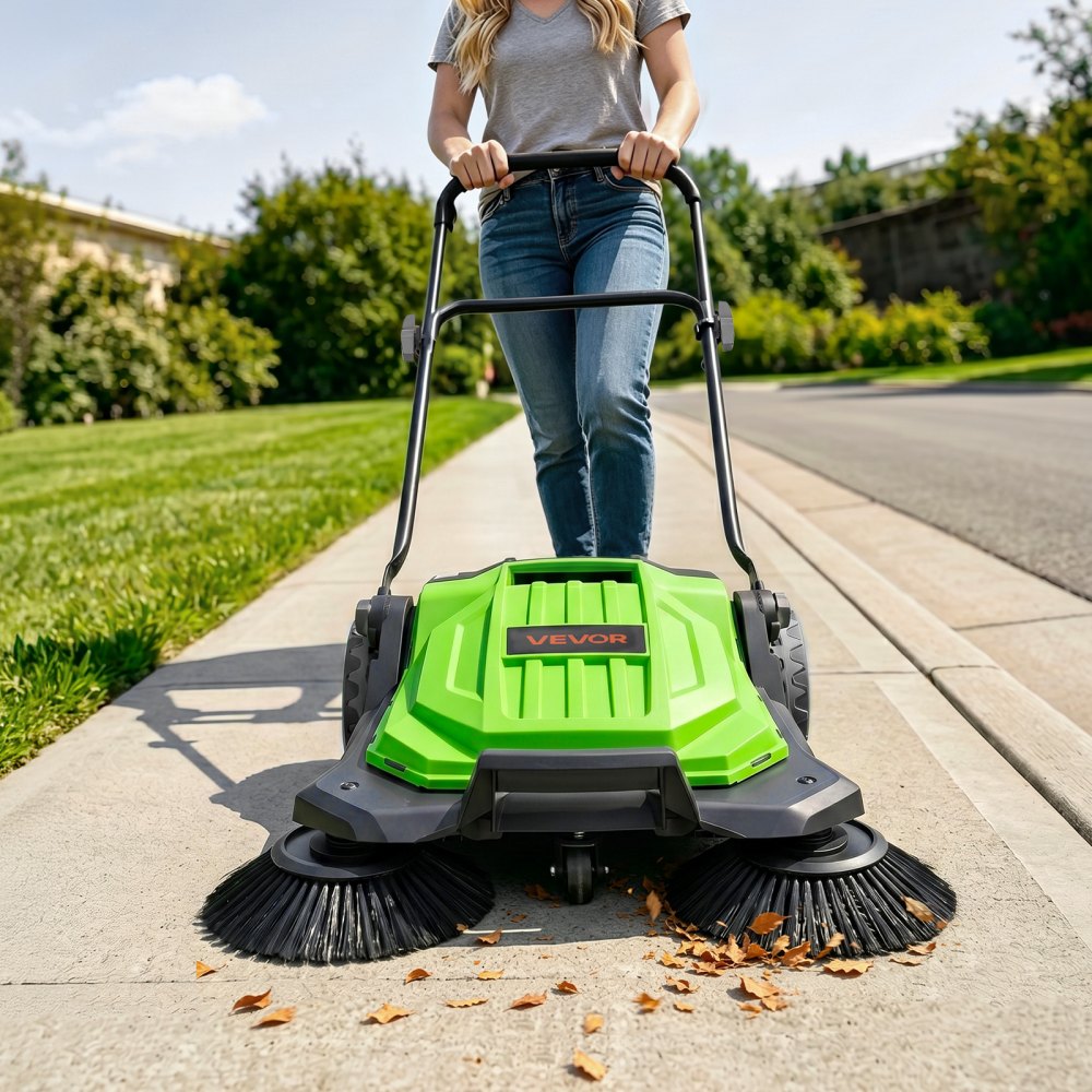 VEVOR Walk-Behind Hand Push Floor Sweeper, Manual Floor Sweeper Non-Electric with 25.6" Sweeping Width, 5 Gallons Waste