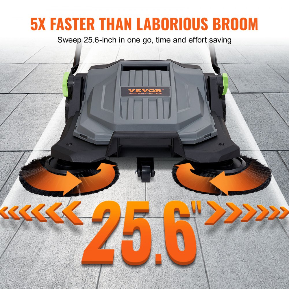 VEVOR Walk-behind Hand Push Floor Sweeper, 25.6" Sweeping Width Floor Sweeper Manual Non-Electric, 5-Gallon Waste
