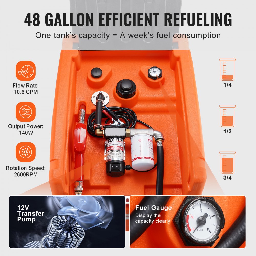 VEVOR Portable Diesel Tank, 48 Gallon, 10.6GPM Flow Rate, Diesel Fuel Tank with 12V Electric Transfer Pump, 13.1 ft