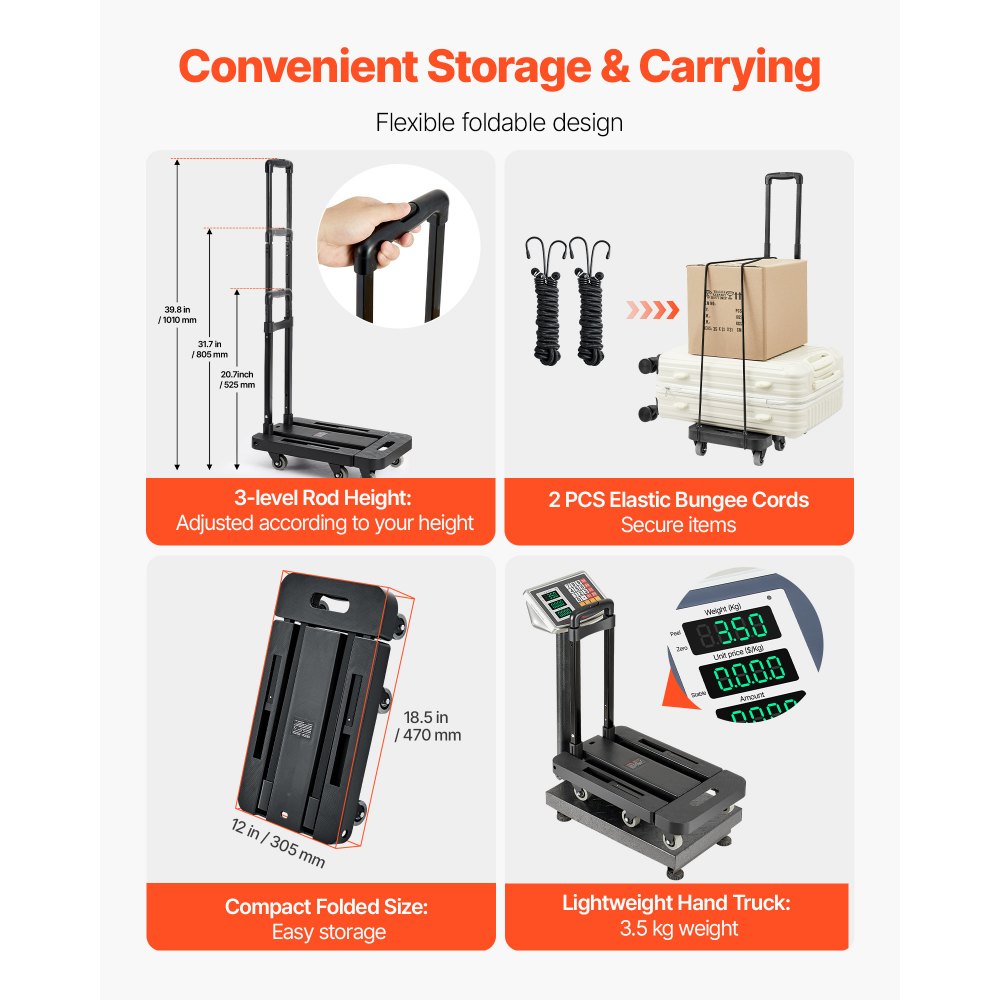 VEVOR Folding Hand Truck, 500 lbs Load Capacity, Collapsible Luggage Cart with 6 Wheels, 2 Elastic Ropes & Expandable