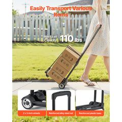 VEVOR Folding Hand Truck, 110 lbs Load Capacity, Collapsible Luggage Cart with 2 Wheels & 1 Elastic Rope, Utility Dolly