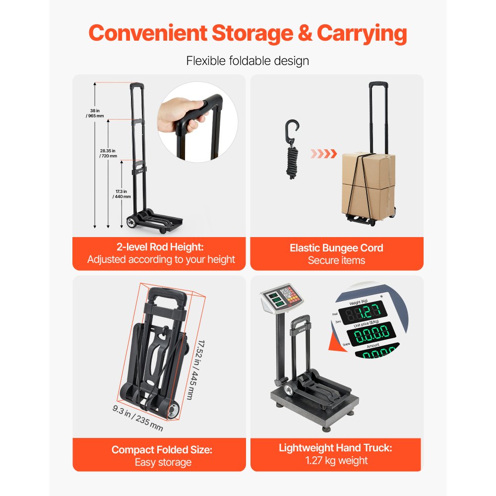 VEVOR Folding Hand Truck, 110 lbs Load Capacity, Collapsible Luggage Cart with 2 Wheels & 1 Elastic Rope, Utility Dolly