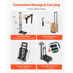 VEVOR Folding Hand Truck, 110 lbs Load Capacity, Collapsible Luggage Cart with 2 Wheels & 1 Elastic Rope, Utility Dolly