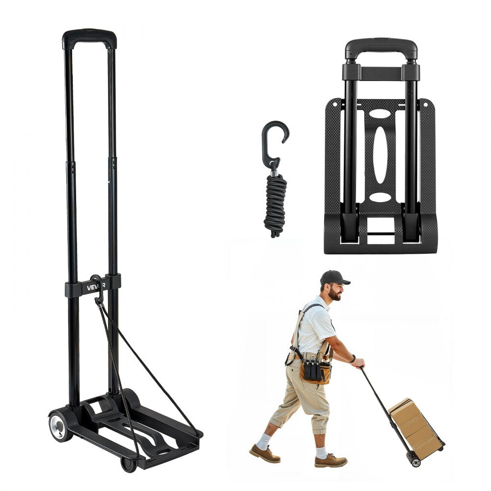 VEVOR Folding Hand Truck, 110 lbs Load Capacity, Collapsible Luggage Cart with 2 Wheels & 1 Elastic Rope, Utility Dolly