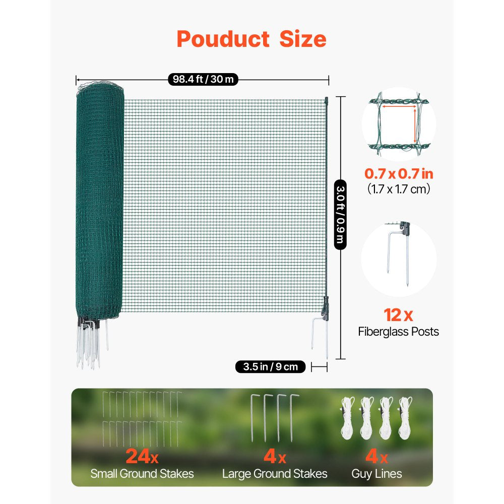 VEVOR Temporary Fence with Posts, 3 x 98.4 FT Plastic Mesh Fencing, Garden Safety Fences Netting with Double-Spike