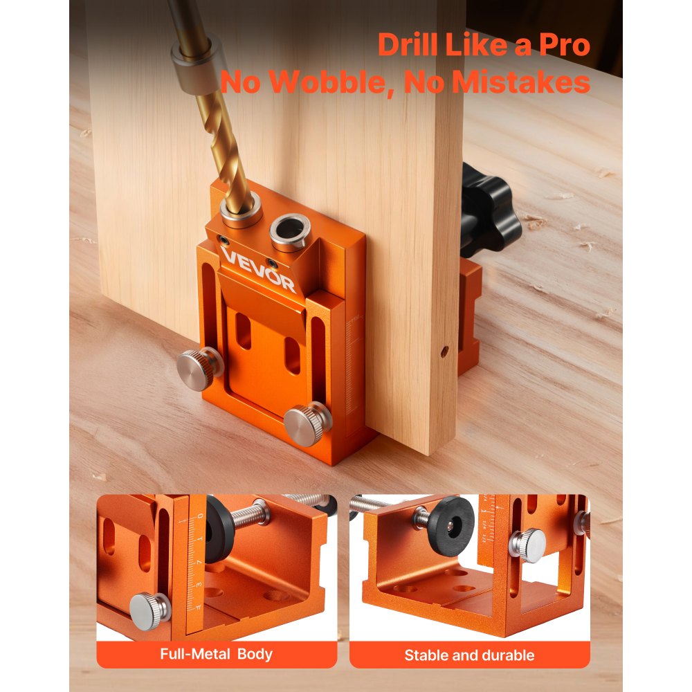 VEVOR Pocket Hole Jig Kit, 0.47 to 1.89 in Adjustable, Jig Pocket Hole System with Step Drill, Hex Wrench, Drill Stop