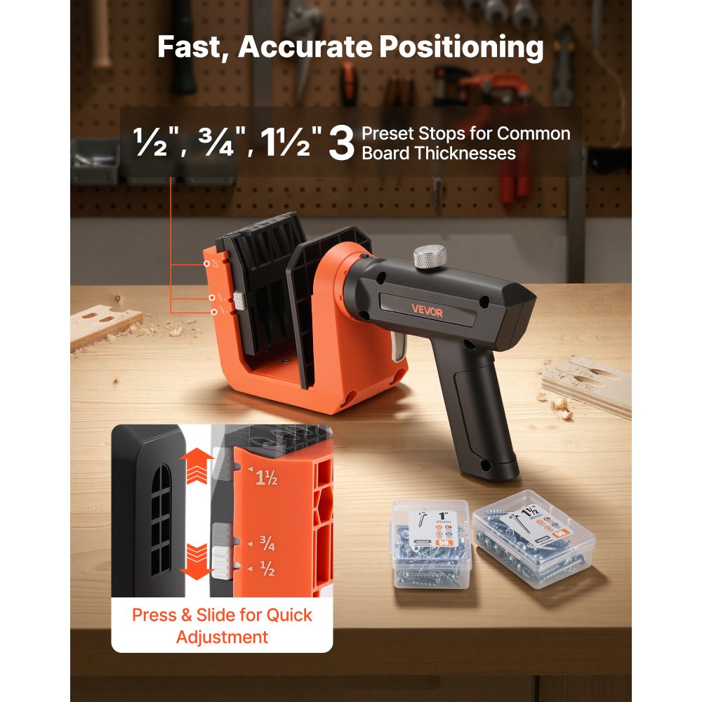 VEVOR Pocket Hole Jig Kit, 1/2", 3/4", 1-1/2" Adjustable, 360° Rotating Handle, Jig Pocket Hole System with 260 Screws