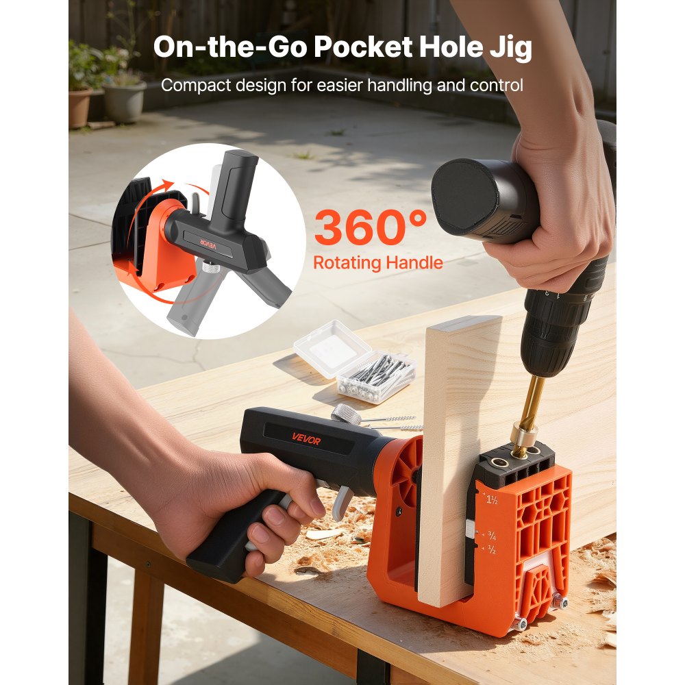 VEVOR Pocket Hole Jig Kit, 1/2", 3/4", 1-1/2" Adjustable, 360° Rotating Handle, Jig Pocket Hole System with 260 Screws