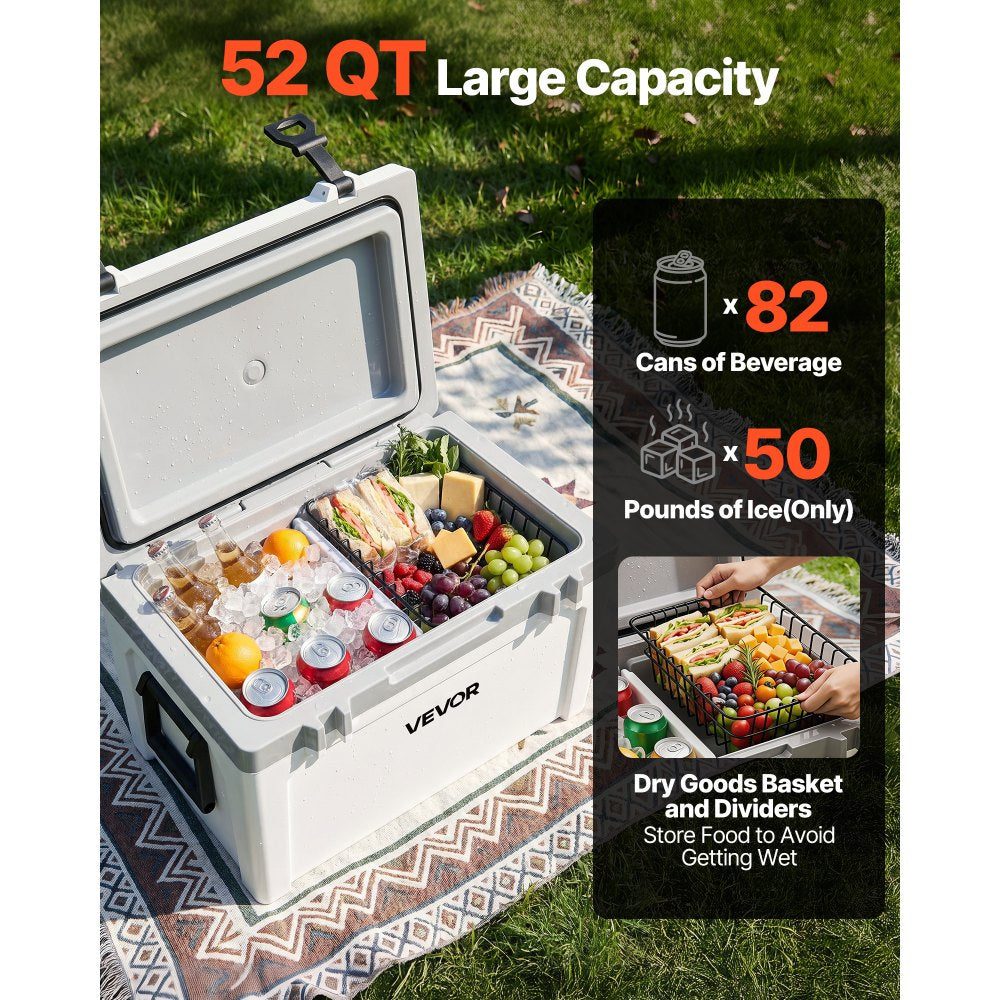 VEVOR Insulated Portable Cooler, 52 qt, Holds 50 Cans, Ice Retention Hard Cooler with Heavy Duty Handle, Ice Chest