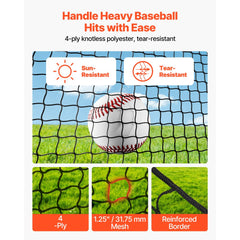 VEVOR Baseball Batting Cage, 12.0 x 10.2 x 7.6 FT Freestanding Portable Batting Cage, Hitting Cages with 4-Ply Knotless