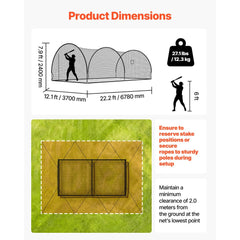 VEVOR Baseball Batting Cage, 22.2 x 12.1 x 7.9 FT Freestanding Portable Batting Cage, Hitting Cages with 4-Ply Knotless