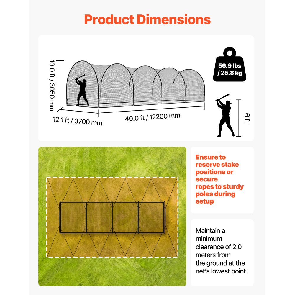 VEVOR Baseball Batting Cage, 40.0 x 12.1 x 10.0 FT Freestanding Portable Batting Cage, Hitting Cages with 4-Ply