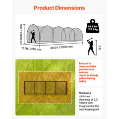 VEVOR Baseball Batting Cage, 40.0 x 12.1 x 10.0 FT Freestanding Portable Batting Cage, Hitting Cages with 4-Ply