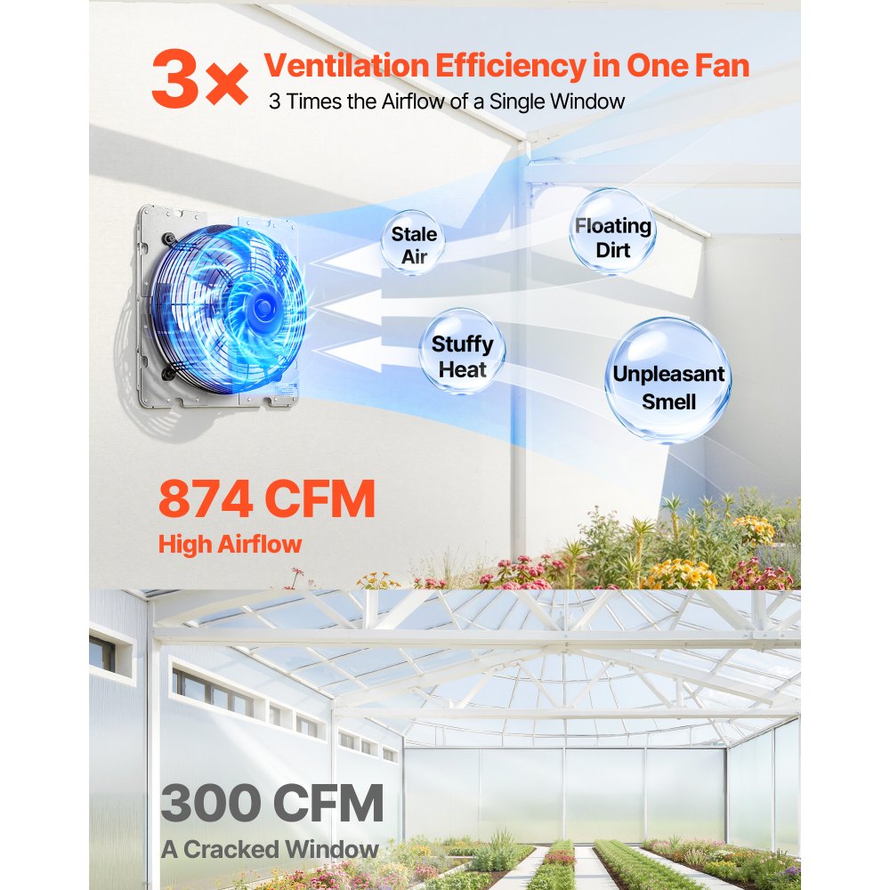 VEVOR 10 Inch Shutter Exhaust Fan Wall Mounted 874 CFM Automatic Louvers, Sturdy Steel Housing, Low Noise, AC Motor