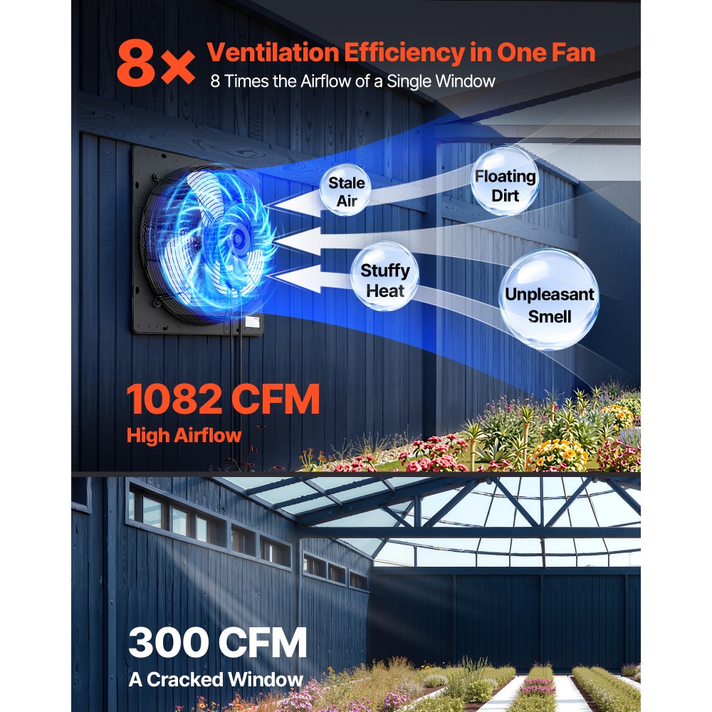 VEVOR 14 in Shutter Exhaust Fan Wall-Mount Automatic Louvers Variable Speed, Sturdy Steel Housing, Low Noise, AC Motor