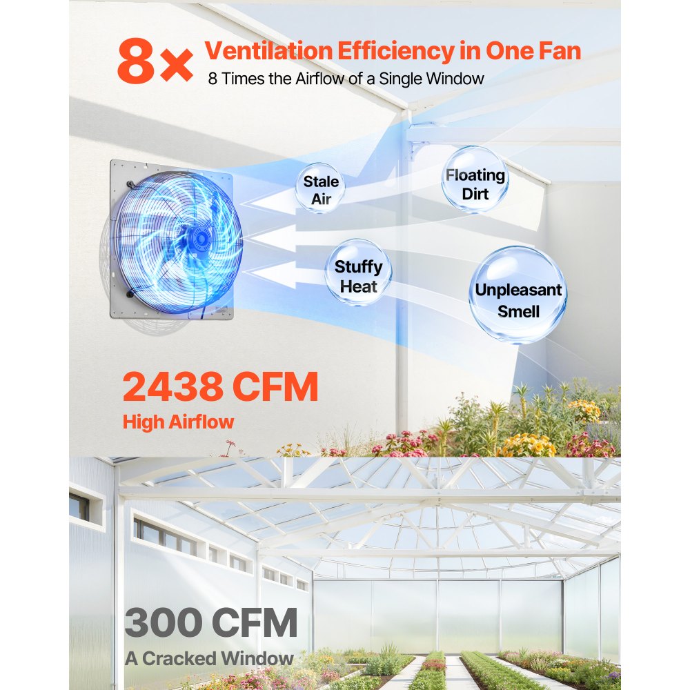 VEVOR 16 Inch Shutter Exhaust Fan Wall Mounted Automatic Louvers Silver, Sturdy Steel Housing, 2438 CFM Low Noise, AC