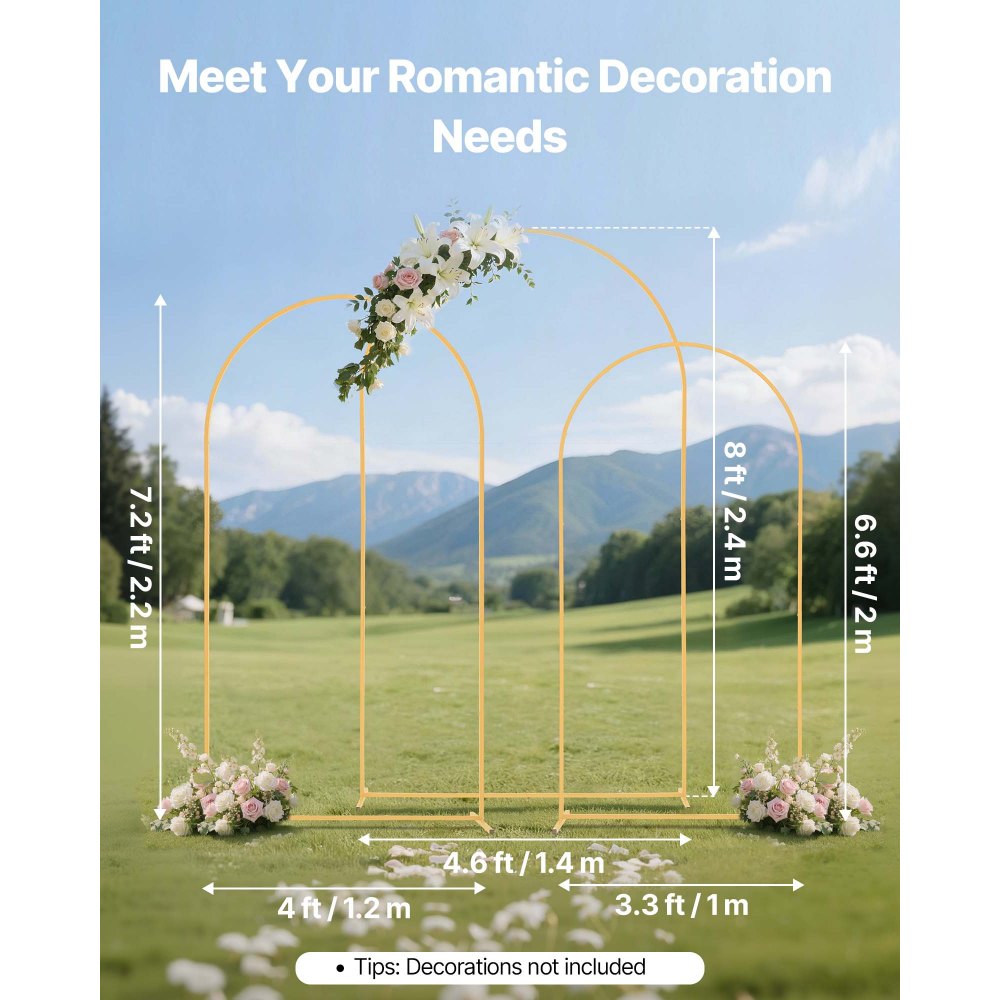 VEVOR Arch Backdrop Stand, Set of 3, 8/7.2/6.6 ft, Stable Structure, Easy Assembly, Gold Metal Arch Backdrop Stand for