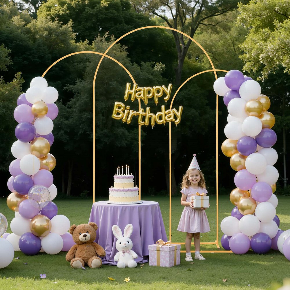 VEVOR Arch Backdrop Stand, Set of 3, 8/7.2/6.6 ft, Stable Structure, Easy Assembly, Gold Metal Arch Backdrop Stand for