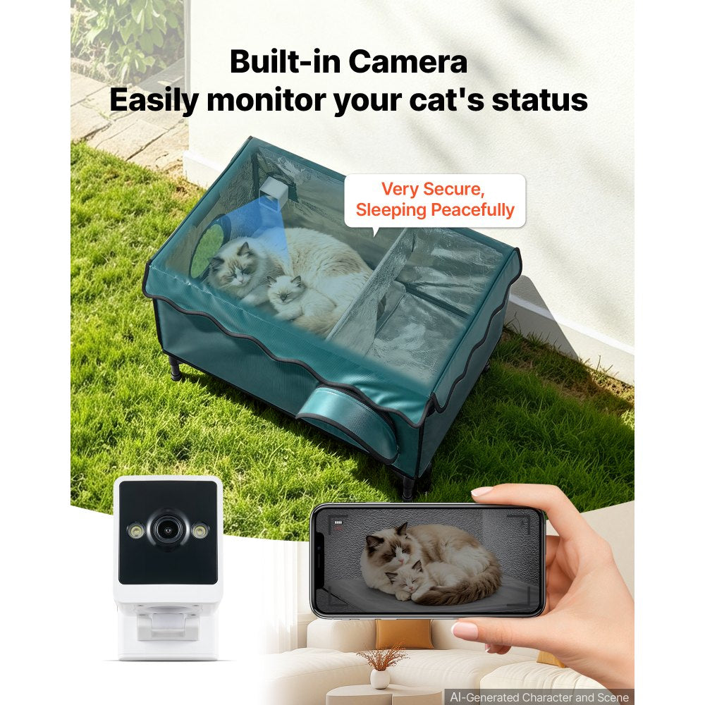 VEVOR Elevated Heated Cat House 25.4W Insulated Kitty Shelter with Camera, for Indoor Outdoor Winter Use, 2-Door &