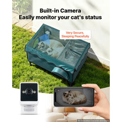 VEVOR Elevated Heated Cat House 25.4W Insulated Kitty Shelter with Camera, for Indoor Outdoor Winter Use, 2-Door &