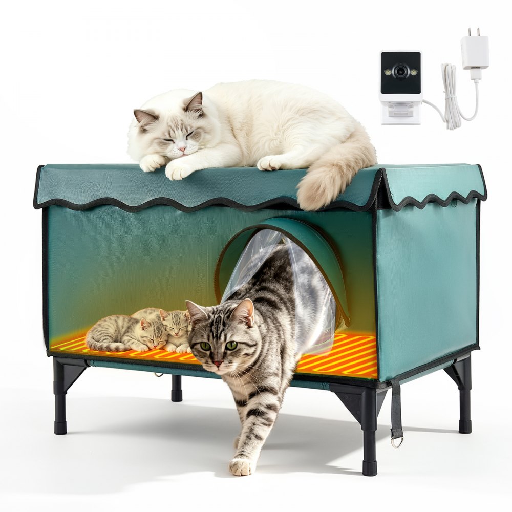 VEVOR Elevated Heated Cat House 25.4W Insulated Kitty Shelter with Camera, for Indoor Outdoor Winter Use, 2-Door &