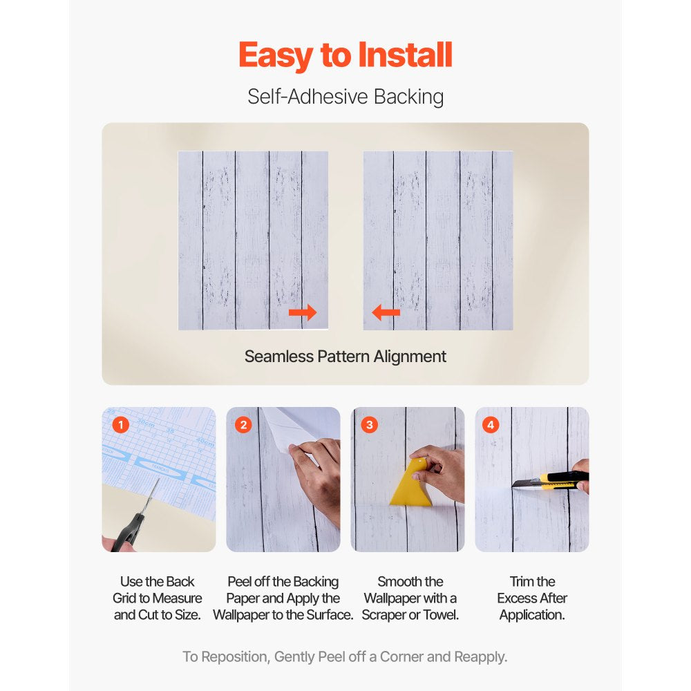 VEVOR Peel and Stick Wallpaper, 17.7 x 472.4 inch Contact Paper White Wood Textured Waterpoof Self Adhesive, Easy to