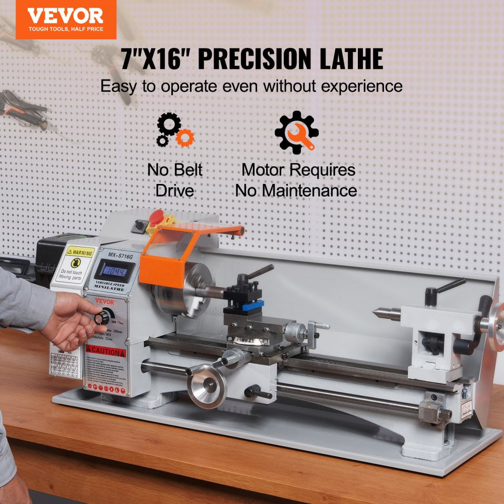 VEVOR Compact Metal Lathe, 7'' x 16'', 800W, Precision Desktop Metalworking Lathe, Variable Speed 150-2500 RPM