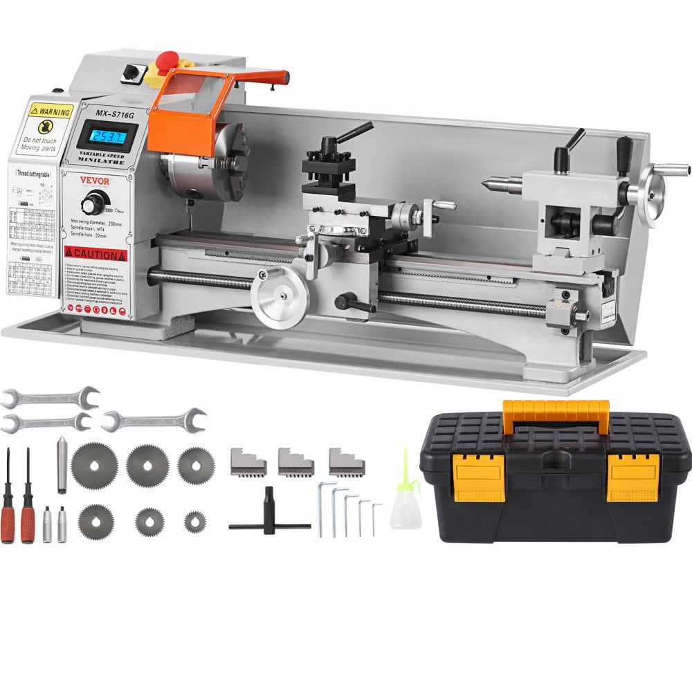 VEVOR Compact Metal Lathe, 7'' x 16'', 800W, Precision Desktop Metalworking Lathe, Variable Speed 150-2500 RPM