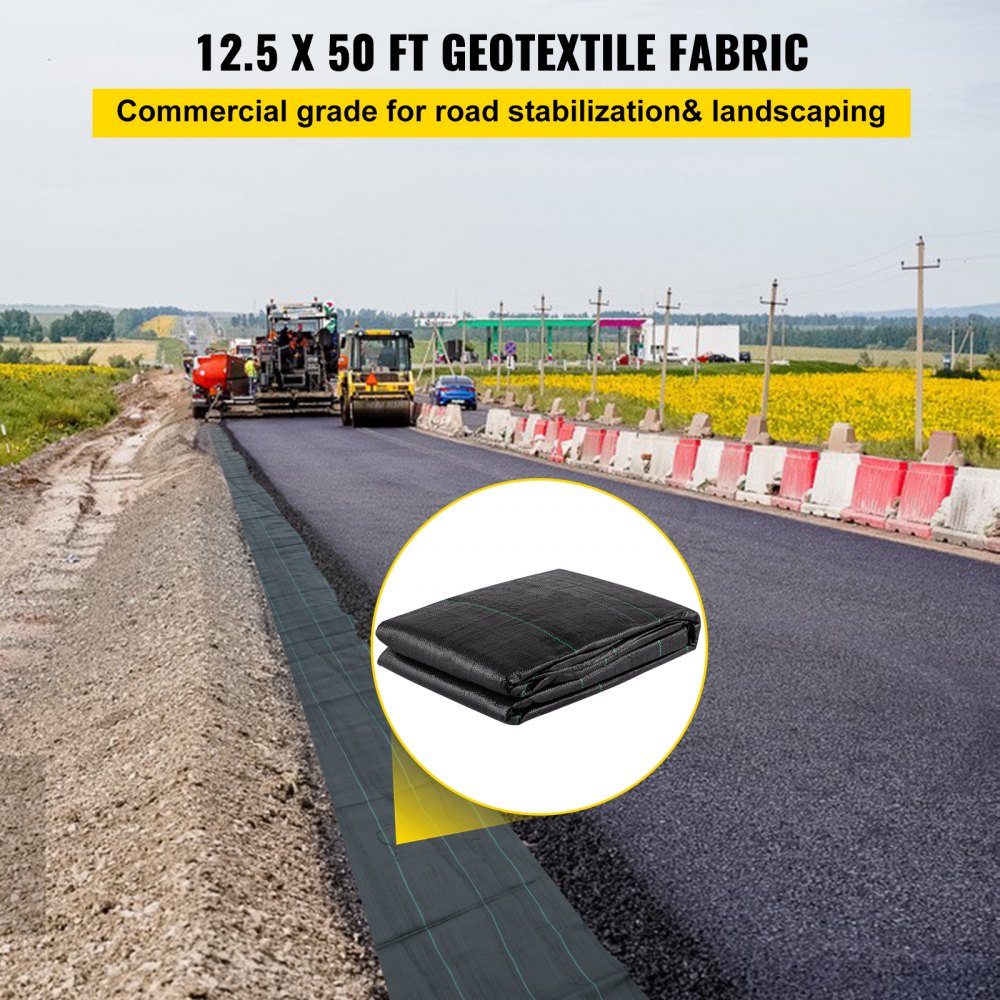 VEVOR Geotextile Fabric, 12.5 x 50 ft 3.5oz Woven PP Driveway Drain Cloth with 600lbs Tensile Strength, Heavy Duty