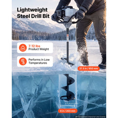 VEVOR Ice Auger Bit 8" Diameter 37.5" Length High-Strength Steel Drill Bit, for Ice Fishing, Cold-Resistant, Cordless
