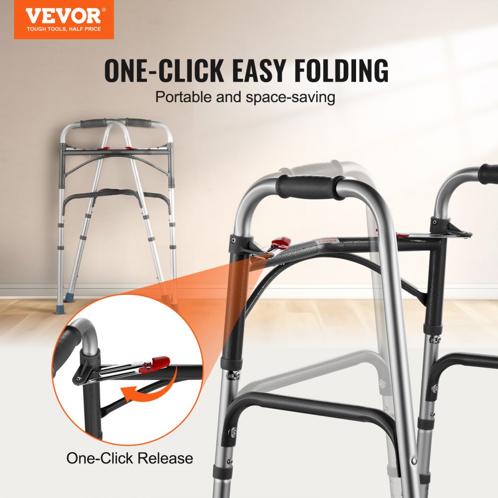 VEVOR Folding Walker, 2-Button Folding Walkers with 8-Level Adjustable Height and Durable Handles, Lightweight Aluminum