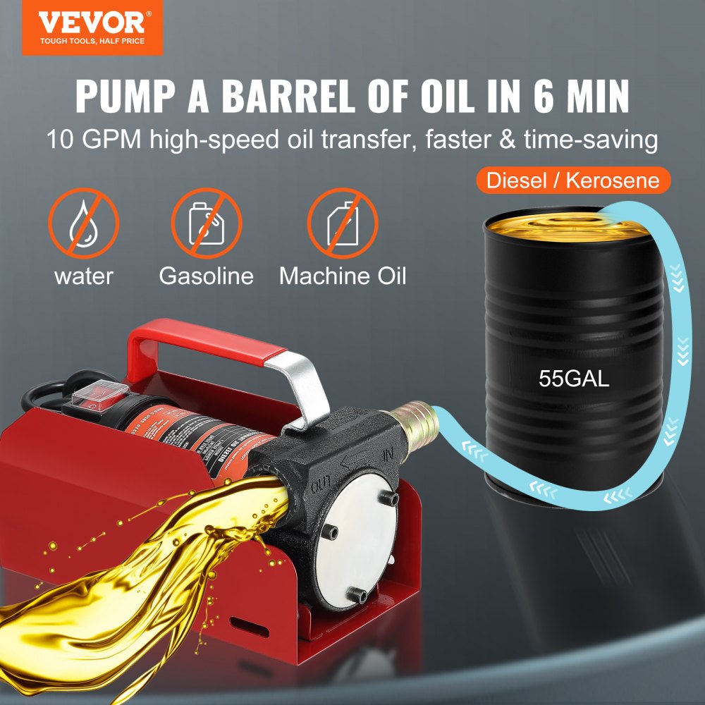 VEVOR Diesel Fuel Transfer Pump Kit 12V 10 GPM DC with Automatic Shut-off Nozzle Hose, Portable Electric Self-Priming