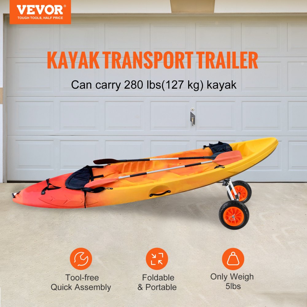 VEVOR Heavy Duty Kayak Cart, 280lbs Load Capacity, Detachable Canoe Trolley Cart with 10'' Solid Tires, Adjustable