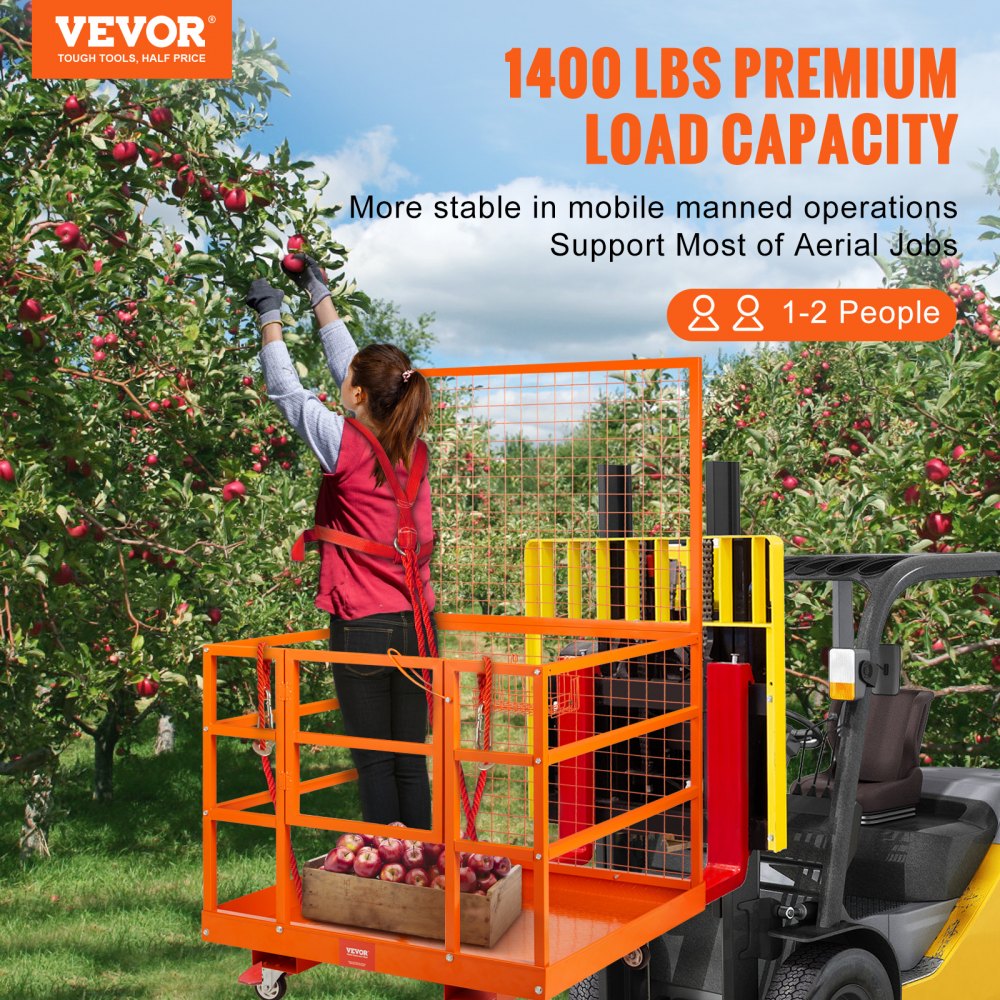 VEVOR Forklift Safety Cage, 1400lbs Load Capacity, 43'' x 45'' Forklift Work Platform with Safety Harness & Lock, Drain