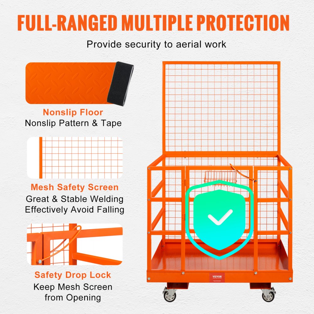 VEVOR Forklift Safety Cage, 1400lbs Load Capacity, 43'' x 45'' Forklift Work Platform with Safety Harness & Lock, Drain