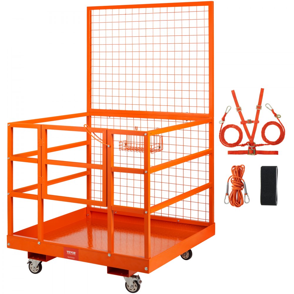 VEVOR Forklift Safety Cage, 1400lbs Load Capacity, 43'' x 45'' Forklift Work Platform with Safety Harness & Lock, Drain