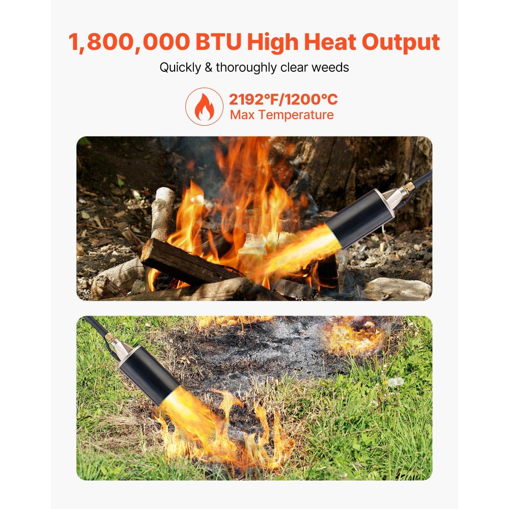 VEVOR Propane Torch Weed Burner, High Output 1,800,000 BTU with 10 ft Hose, Heavy Duty Blow Torch with Adjustable Flame