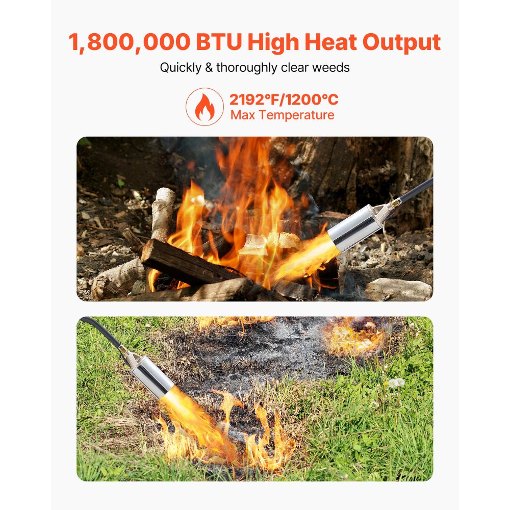 VEVOR Propane Torch Weed Burner, High Output 1,800,000 BTU with 10 ft Hose, Heavy Duty Blow Torch with Adjustable Flame