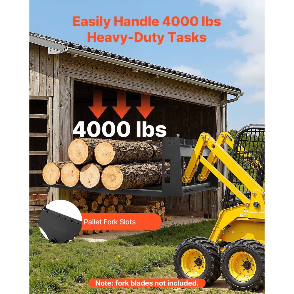 VEVOR Skid Steer Pallet Frame, 4000 lbs Rated Load Capacity, 45-inch Pallet Fork Frame Attachments with 2-inch Hitch