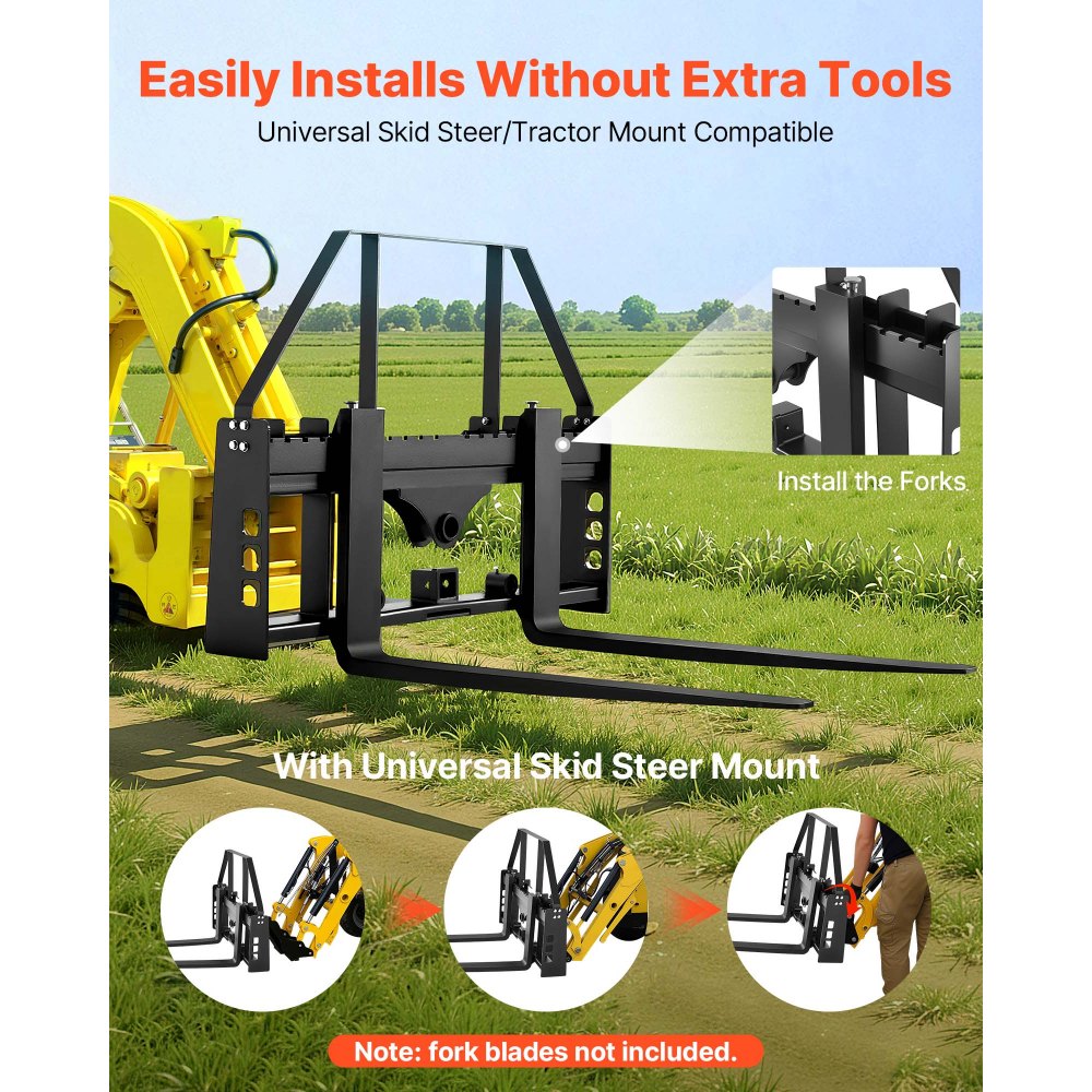 VEVOR Skid Steer Pallet Fork Frame, 4000 lbs Rated Capacity, 45-inch Pallet Fork Frame Attachments with 2-inch Hitch