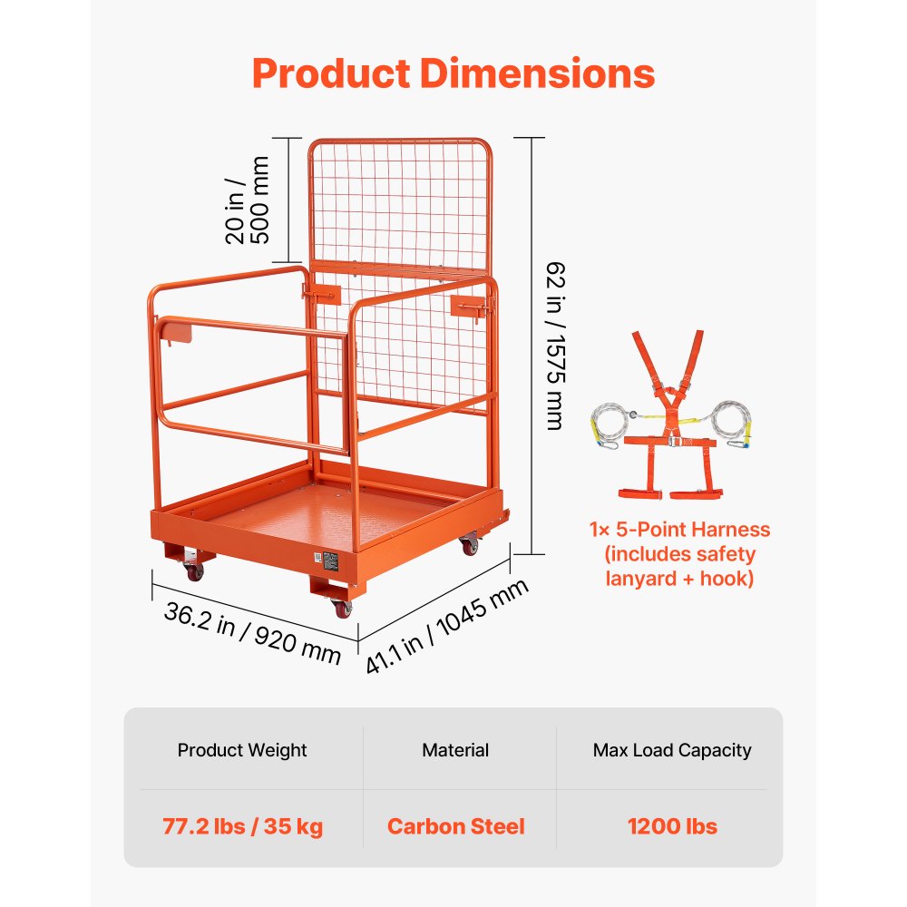 VEVOR Forklift Safety Cage, 36.2 x 41.1 Inch, Forklift Man Basket with 4 Wheels, 1200 lbs Capacity, Heavy Duty Work