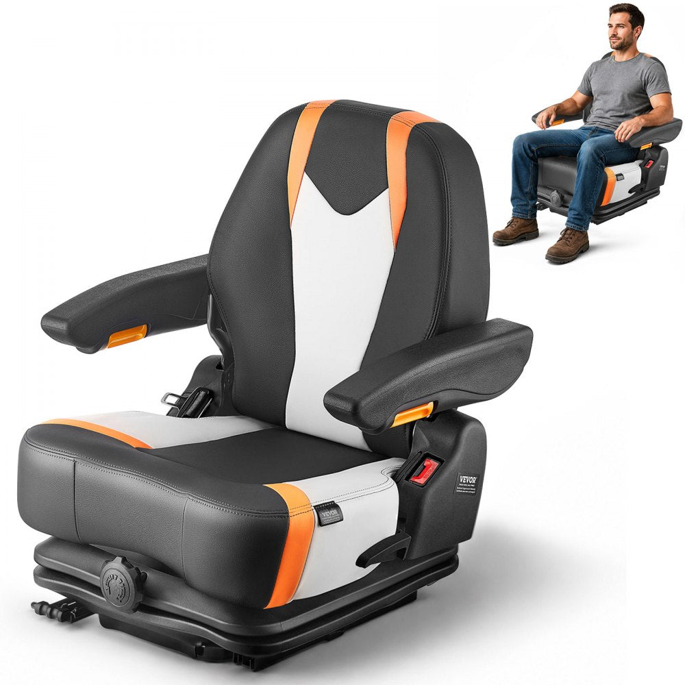 VEVOR Universal Forklift Seat, Tractor Suspension Seat with Adjustable Back, Armrest & Safety Belt, Secure Fold Down