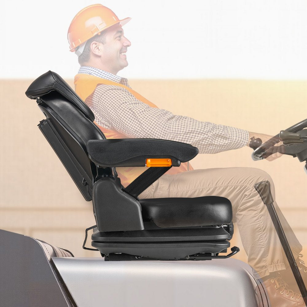 VEVOR Universal Forklift Seat, Tractor Suspension Seat with Adjustable Back, Armrest, Headrest & Safety Belt, Secure