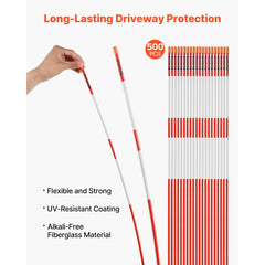 VEVOR Driveway Markers, 500Pcs 48 in Long 1/4 in Dia, Hi-Visibility Driveway Reflectors with 12 in Steel Drill Bits