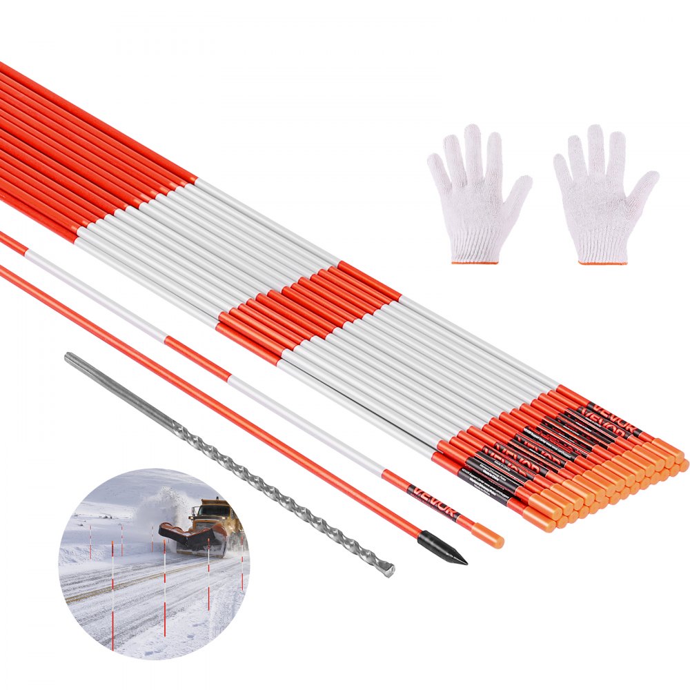 VEVOR Driveway Markers, 200Pcs 48 in Long 1/4 in Dia, Hi-Visibility Driveway Reflectors with 12 in Steel Drill Bits