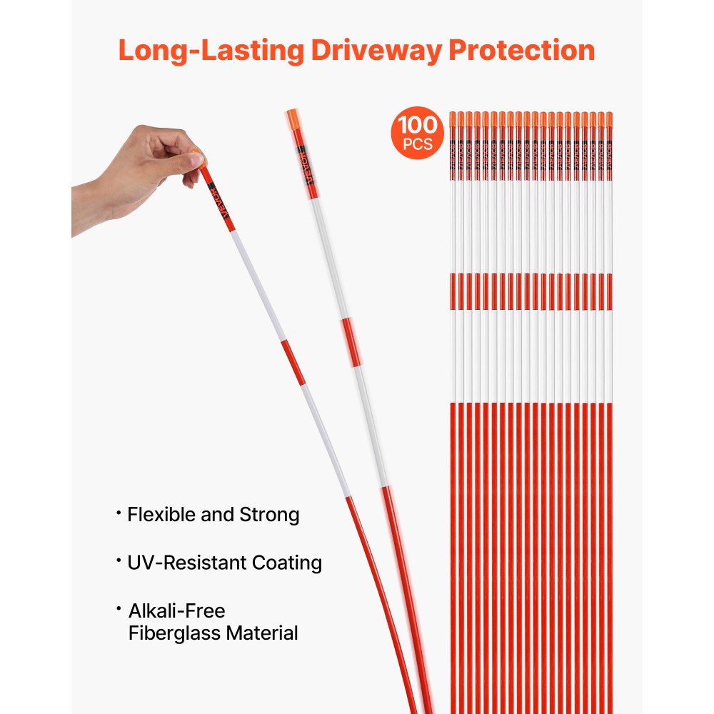 VEVOR Driveway Markers, 100Pcs 72 in Long 5/16 in Dia, Hi-Visibility Driveway Reflectors with 12 in Steel Drill Bits