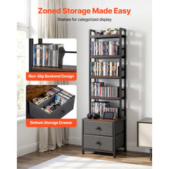 VEVOR Media Storage Cabinet, 4-Shelf DVD Shelf Organizer with Drawers, 15.75 x 11.81 x 56.50 in Multimedia Storage