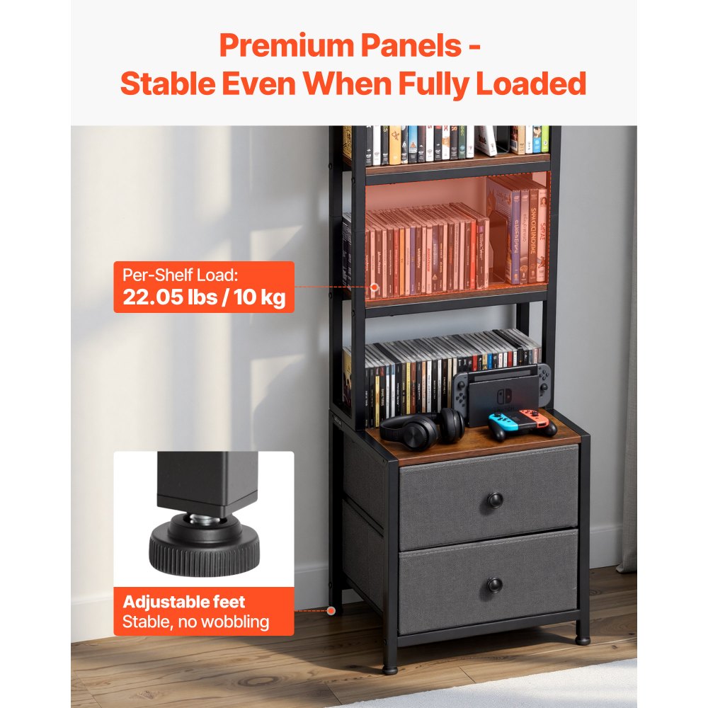 VEVOR Media Storage Cabinet, 4-Shelf DVD Shelf Organizer with Drawers, 15.75 x 11.81 x 56.50 in Multimedia Storage