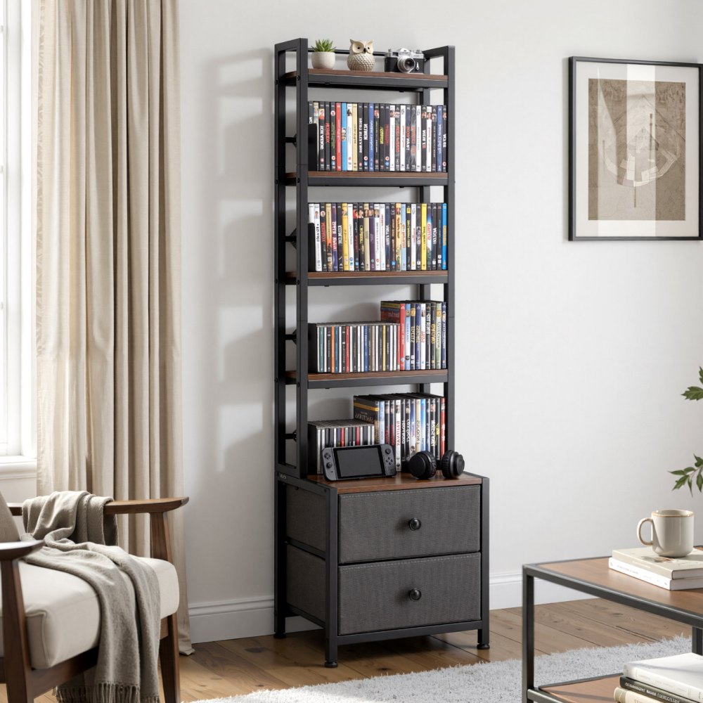 VEVOR Media Storage Cabinet, 4-Shelf DVD Shelf Organizer with Drawers, 15.75 x 11.81 x 56.50 in Multimedia Storage
